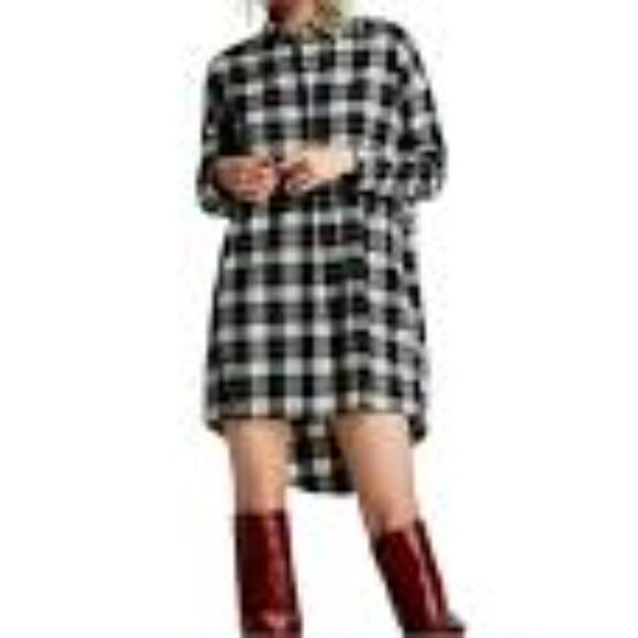 Zara Oversized Plaid Gem Rhinestone Collar Navy White Shirt Dress Size L - Picture 7 of 7